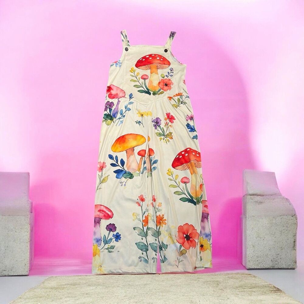 Women’s M White Multicolor Floral Mushroom Wide-Leg Cotton Jumpsuit, Sleeveless